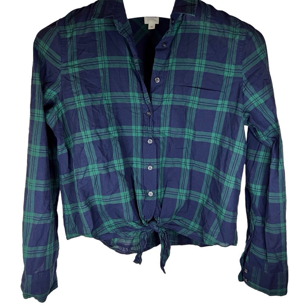 J.Crew Womens‎ Plaid Blue Green Waist Tie Preppy Top Size Medium 100% Cotton